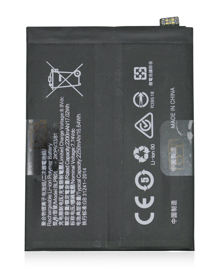 Replacement battery for OnePlus 9R and 8T, compatible with BLP801, showing the battery with connectors and branding.