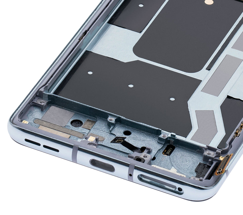 Refurbished Lunar Silver OnePlus 8T OLED assembly with frame, showing the screen and frame components.