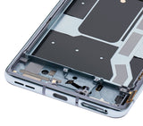 Refurbished Lunar Silver OnePlus 8T OLED assembly with frame, showing the screen and frame components.