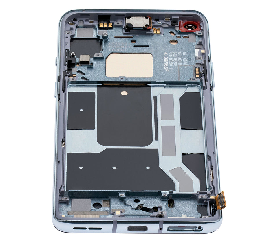 Refurbished Lunar Silver OLED assembly with frame for OnePlus 8T, showing the screen and frame components.