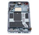 Refurbished Lunar Silver OLED assembly with frame for OnePlus 8T, showing the screen and frame components.