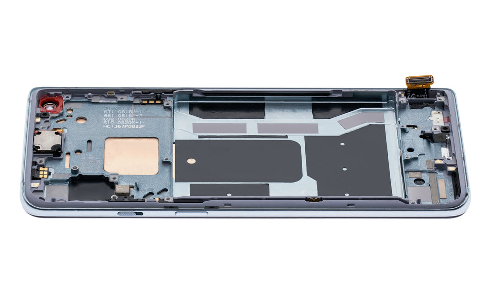 Refurbished Lunar Silver OLED assembly with frame for OnePlus 8T, showing the screen and frame components in the image.
