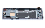 Refurbished Lunar Silver OLED assembly with frame for OnePlus 8T, showing the screen and frame components in the image.