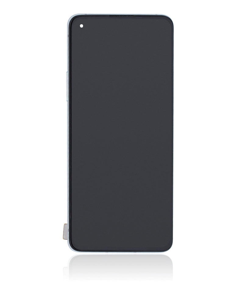 Refurbished Lunar Silver OLED assembly with frame for OnePlus 8T, showing the replacement screen and framing components.