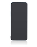 Refurbished Lunar Silver OLED assembly with frame for OnePlus 8T, showing the replacement screen and framing components.