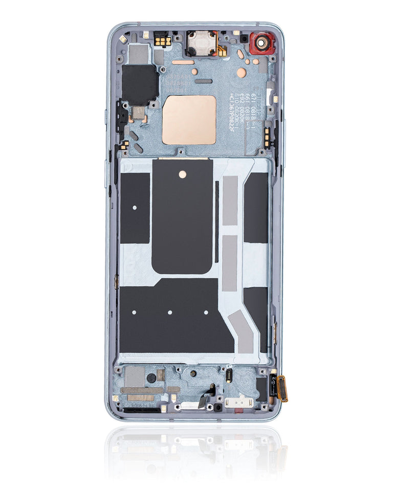 Refurbished lunar silver OLED assembly with frame for OnePlus 8T, showing the screen and frame components in detail.