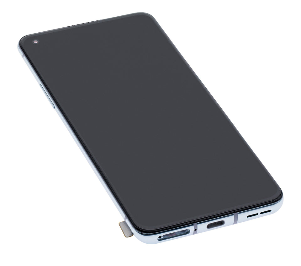 Refurbished Lunar Silver OnePlus 8T OLED assembly with frame, featuring a high-resolution display and precise fit.