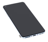 Refurbished Lunar Silver OnePlus 8T OLED assembly with frame, featuring a high-resolution display and precise fit.