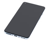 Refurbished Lunar Silver OLED assembly with frame for OnePlus 8T, featuring a high-quality replacement screen and sleek design.