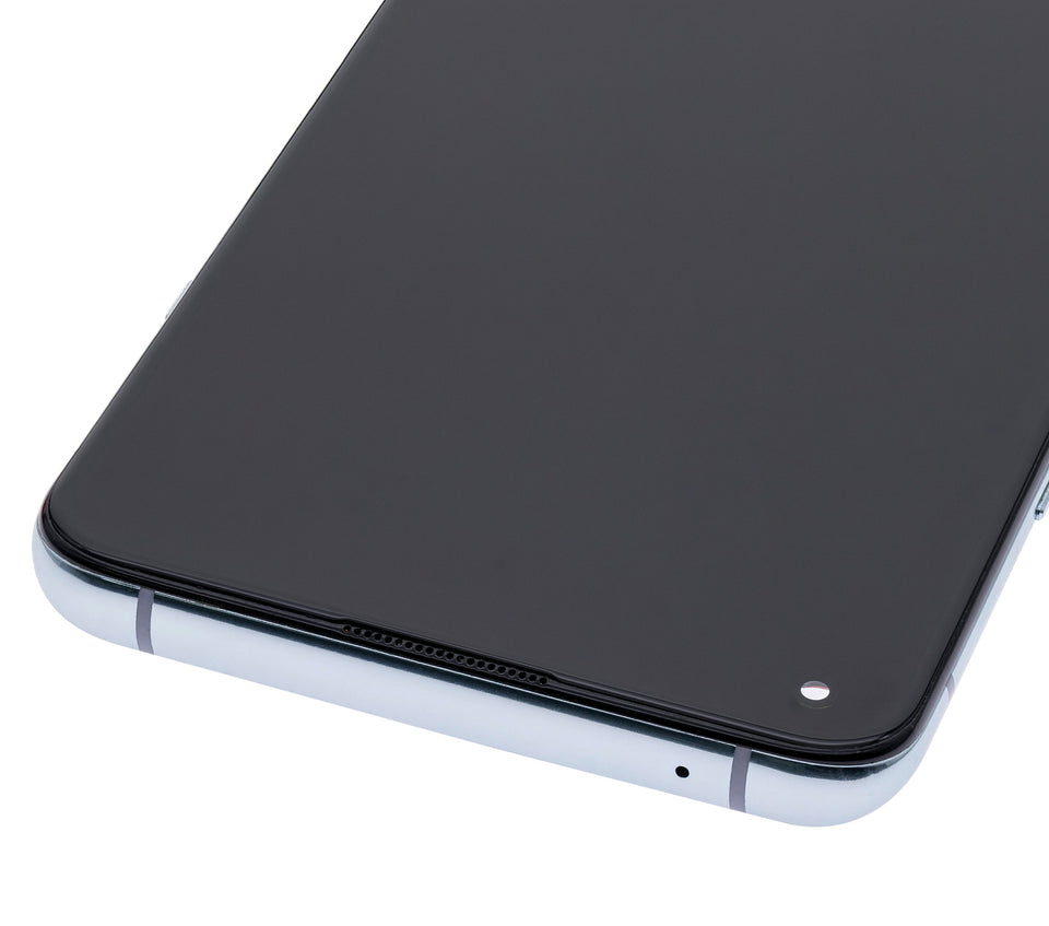 Refurbished Lunar Silver OLED assembly with frame for OnePlus 8T, showing the screen and frame components.