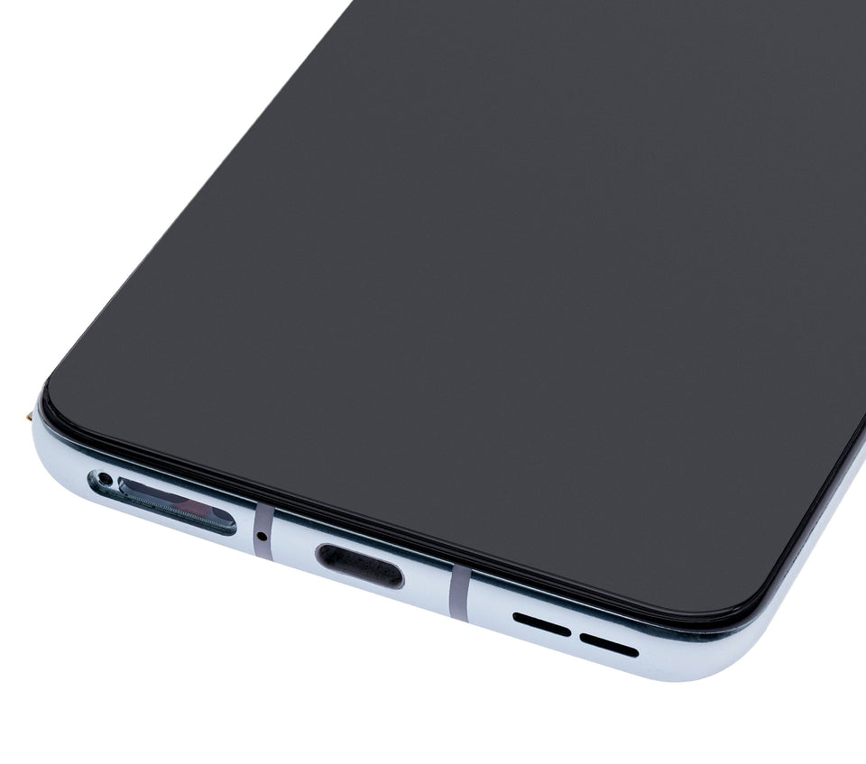 Refurbished Lunar Silver OLED assembly with frame for OnePlus 8T, showing the screen and frame components.