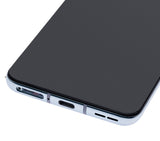 Refurbished Lunar Silver OLED assembly with frame for OnePlus 8T, showing the screen and frame components.