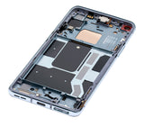 Refurbished Lunar Silver OnePlus 8T OLED assembly with frame, showcasing the replacement screen and sleek design.