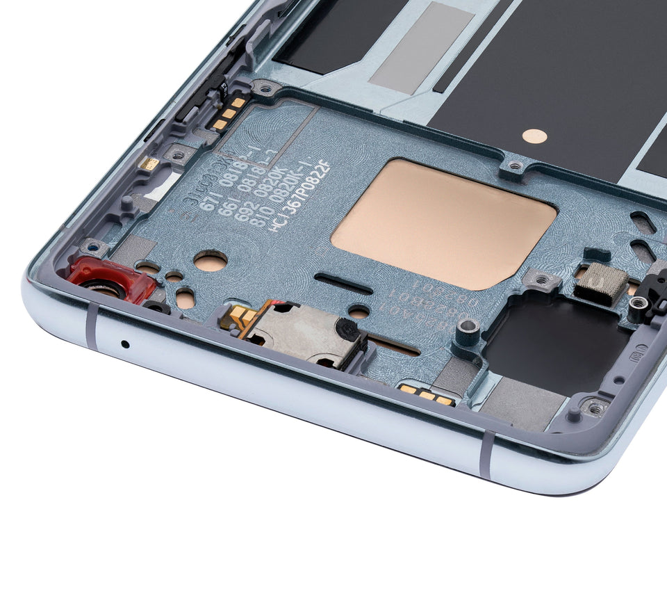 Refurbished Lunar Silver OLED assembly with frame for OnePlus 8T, showing the screen and frame components.