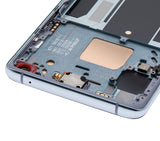 Refurbished Lunar Silver OLED assembly with frame for OnePlus 8T, showing the screen and frame components.