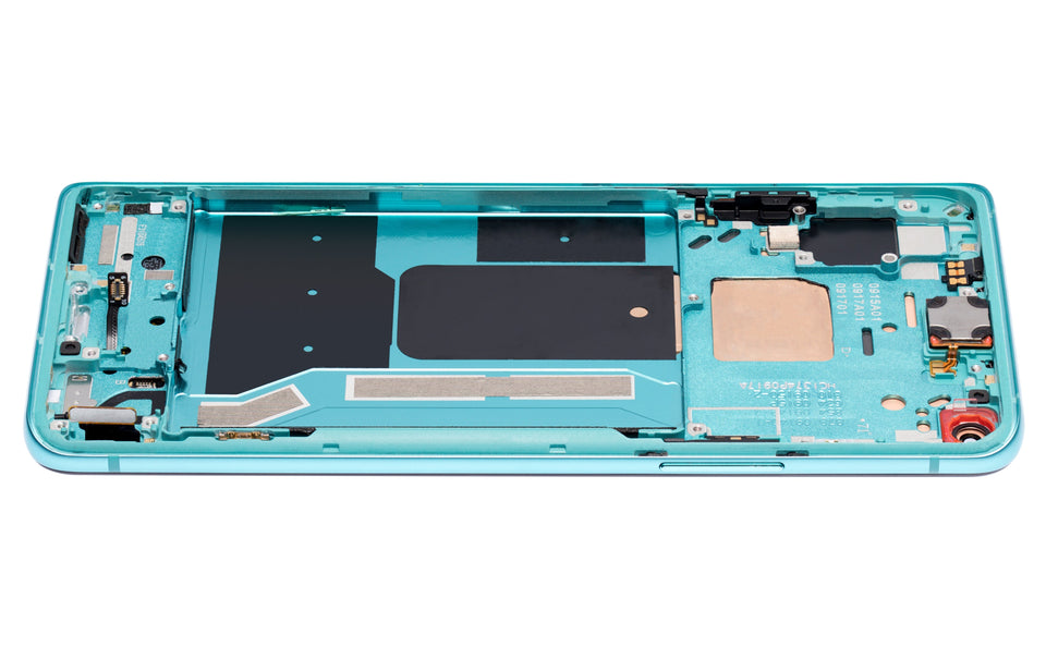 Refurbished aquamarine green OLED assembly with frame for OnePlus 8T, showing the screen and frame components.