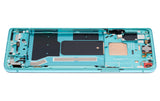 Refurbished aquamarine green OLED assembly with frame for OnePlus 8T, showing the screen and frame components.