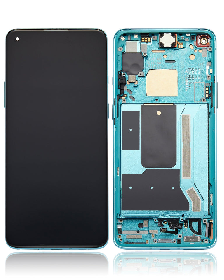 Refurbished aquamarine green OLED assembly with frame for OnePlus 8T, showcasing the screen and frame details.