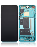 Refurbished aquamarine green OLED assembly with frame for OnePlus 8T, showcasing the screen and frame details.