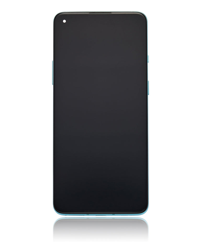 Refurbished aquamarine green OLED assembly with frame for OnePlus 8T, showing a close-up of the replacement screen and frame components.