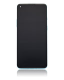 Refurbished aquamarine green OLED assembly with frame for OnePlus 8T, showing a close-up of the replacement screen and frame components.