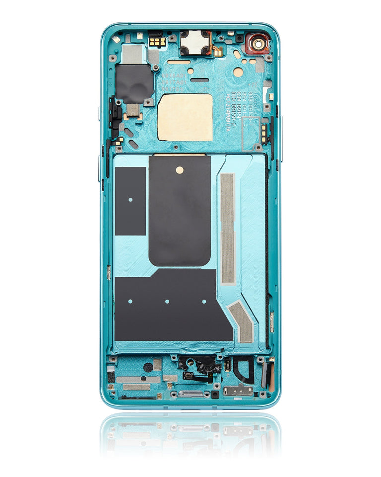Refurbished aquamarine green OLED assembly with frame for OnePlus 8T, showing the screen and frame components.