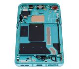 Refurbished aquamarine green OLED assembly with frame for OnePlus 8T, showing the replacement screen and frame in detail.