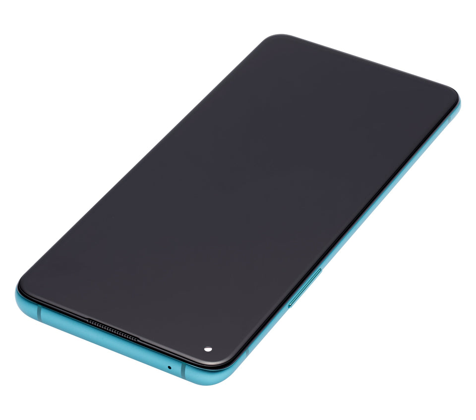 Refurbished aquamarine green OLED assembly with frame for OnePlus 8T, showcasing the screen and frame detail.