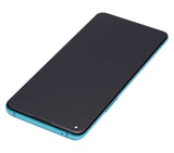 Refurbished aquamarine green OLED assembly with frame for OnePlus 8T, showcasing the screen and frame detail.