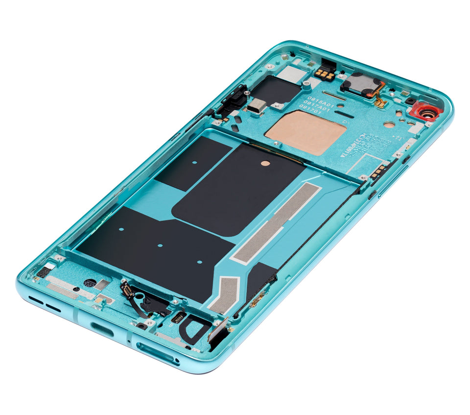 Refurbished aquamarine green OnePlus 8T OLED assembly with frame, showcasing the screen and frame components.
