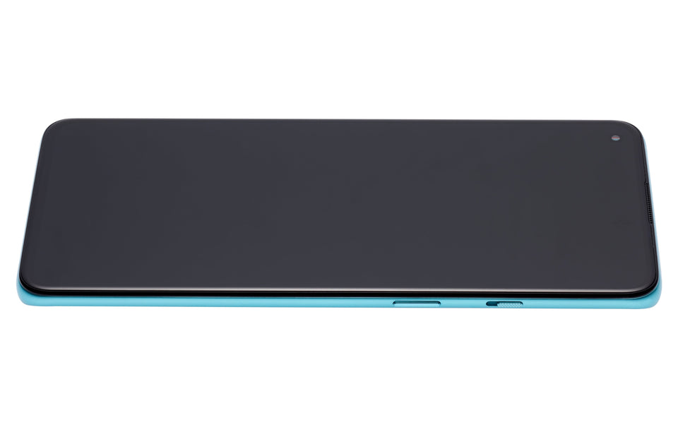 Refurbished aquamarine green OLED assembly with frame for OnePlus 8T, showing the screen and frame components.