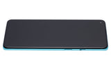 Refurbished aquamarine green OLED assembly with frame for OnePlus 8T, showing the screen and frame components.