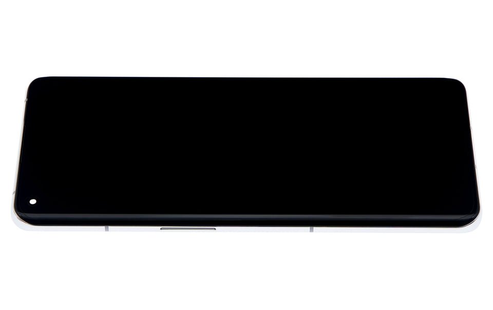 Refurbished Panda White OLED assembly with frame replacement for OnePlus 10 Pro, showing the screen and frame components.