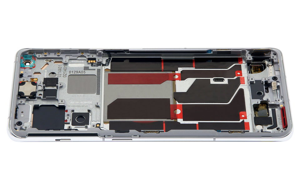 Refurbished Panda White OLED assembly with frame for OnePlus 10 Pro, showing the screen and frame components.