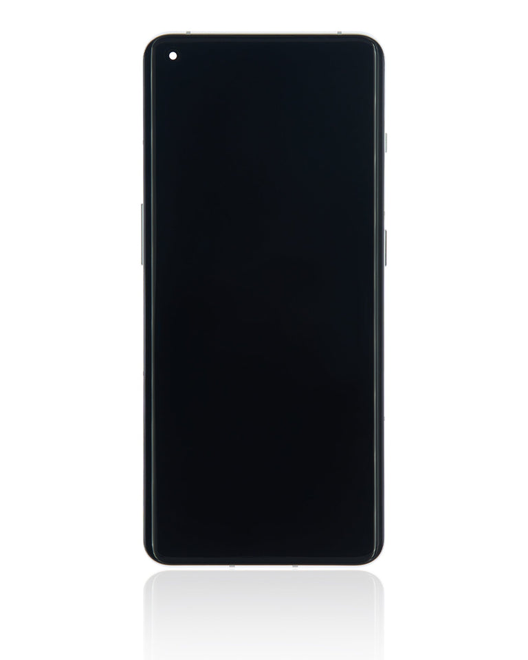 Refurbished Panda White OLED assembly with frame replacement for OnePlus 10 Pro, showing the screen and frame details.