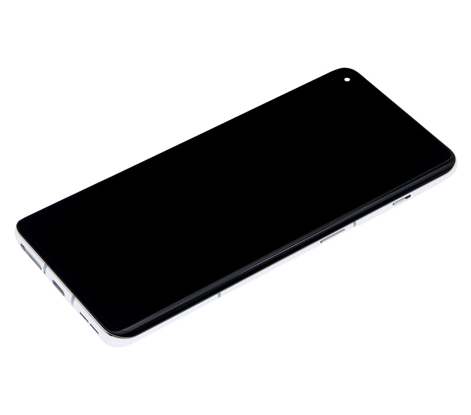 Refurbished OnePlus 10 Pro OLED assembly with Panda White frame, showing front display and replacement components.