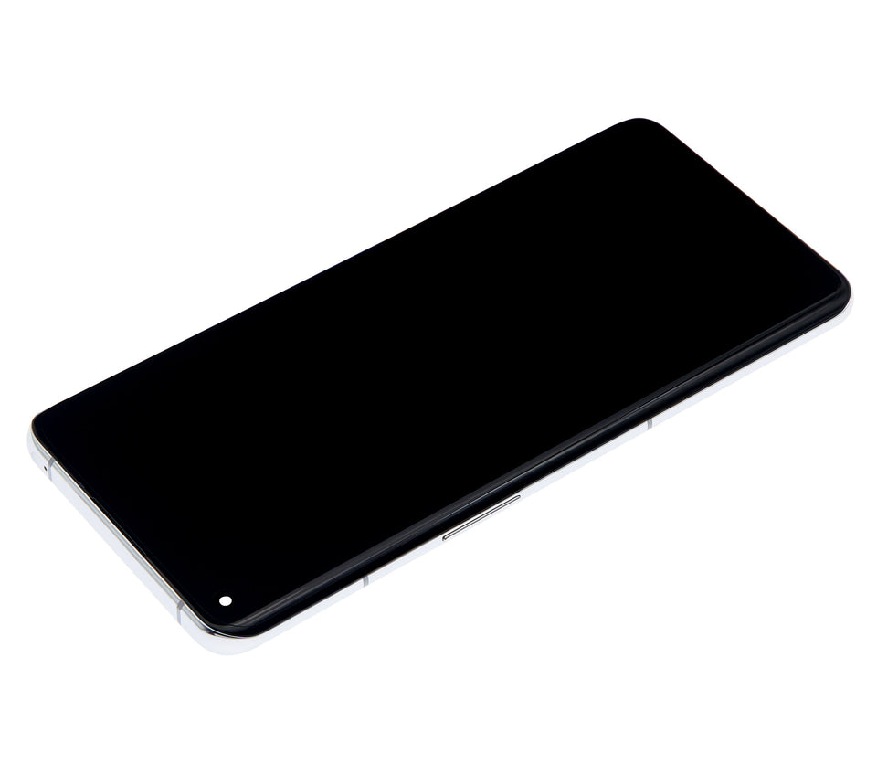 Refurbished OnePlus 10 Pro OLED assembly with frame in Panda White, showing front view of the replacement screen and frame.