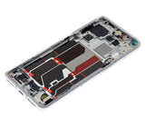 Refurbished OnePlus 10 Pro OLED assembly with frame in panda white, showing front view of the replacement screen and frame.