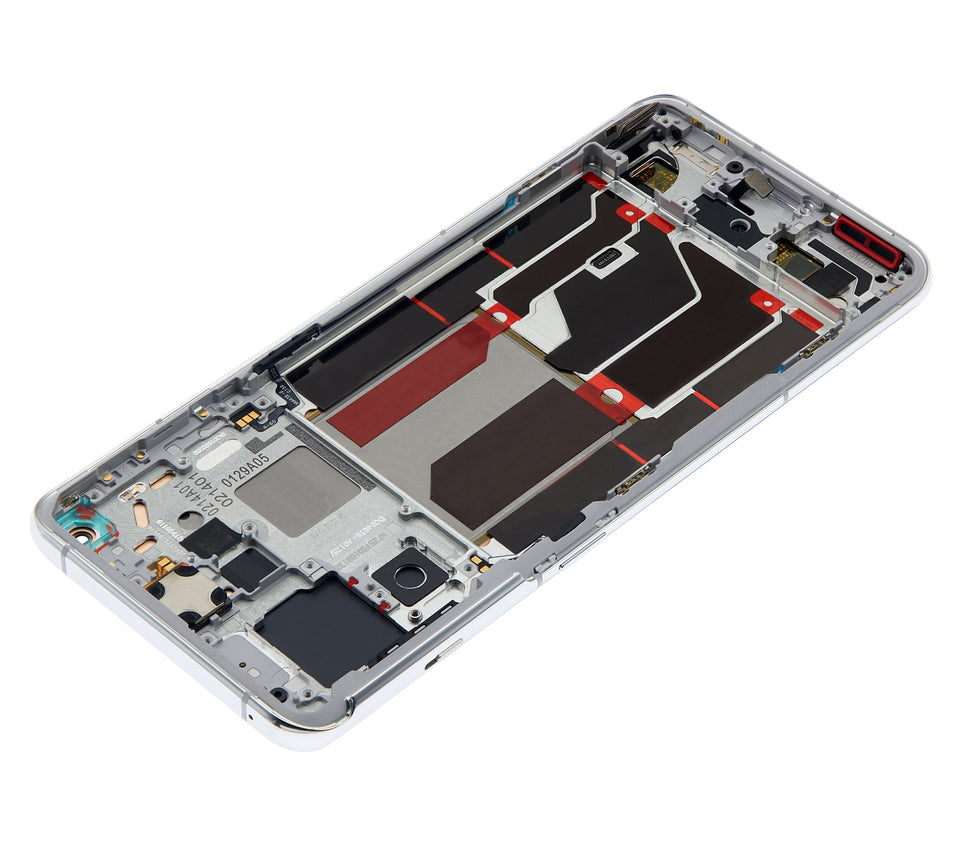 Refurbished Panda White OLED assembly with frame replacement for OnePlus 10 Pro, showing the screen and frame components.