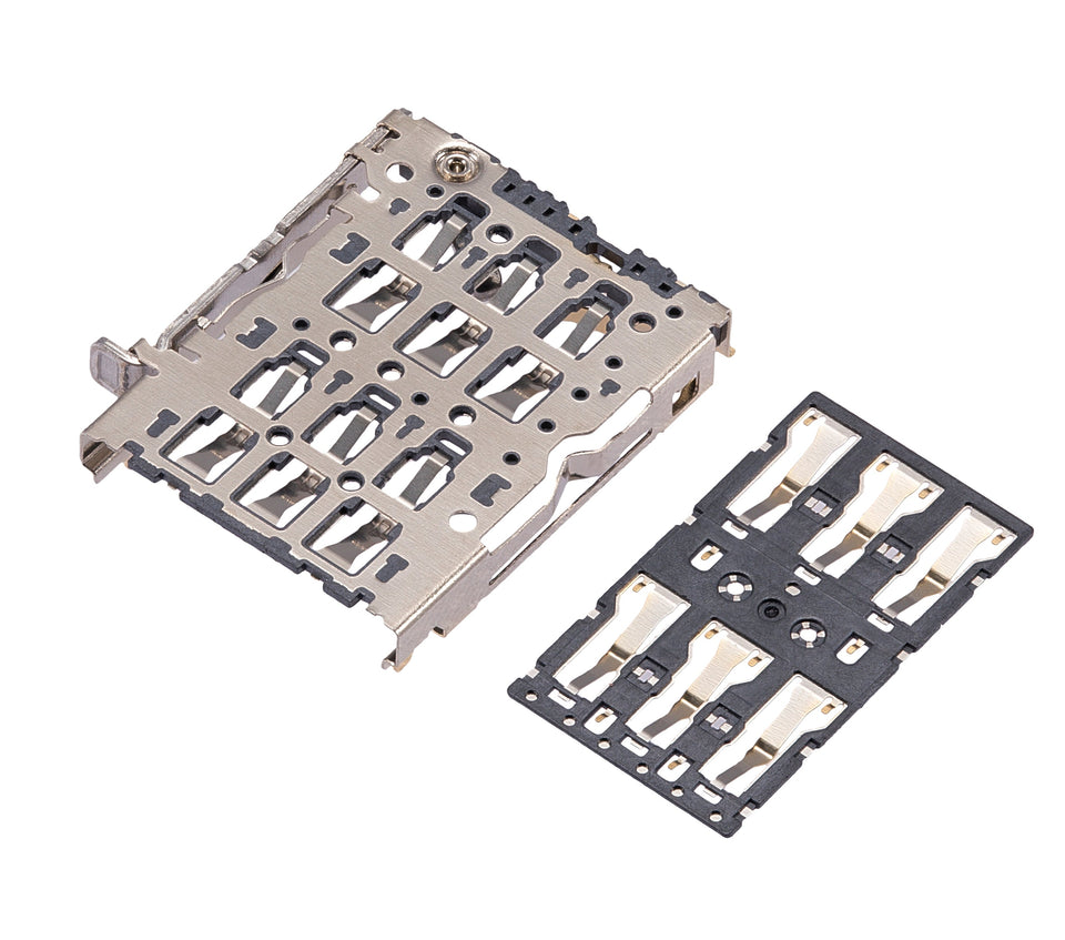 Dual SIM card tray replacement for OnePlus 10 Pro, OPPO Reno6, Reno7 Pro, and Find X5, showing two-piece set with metal components.