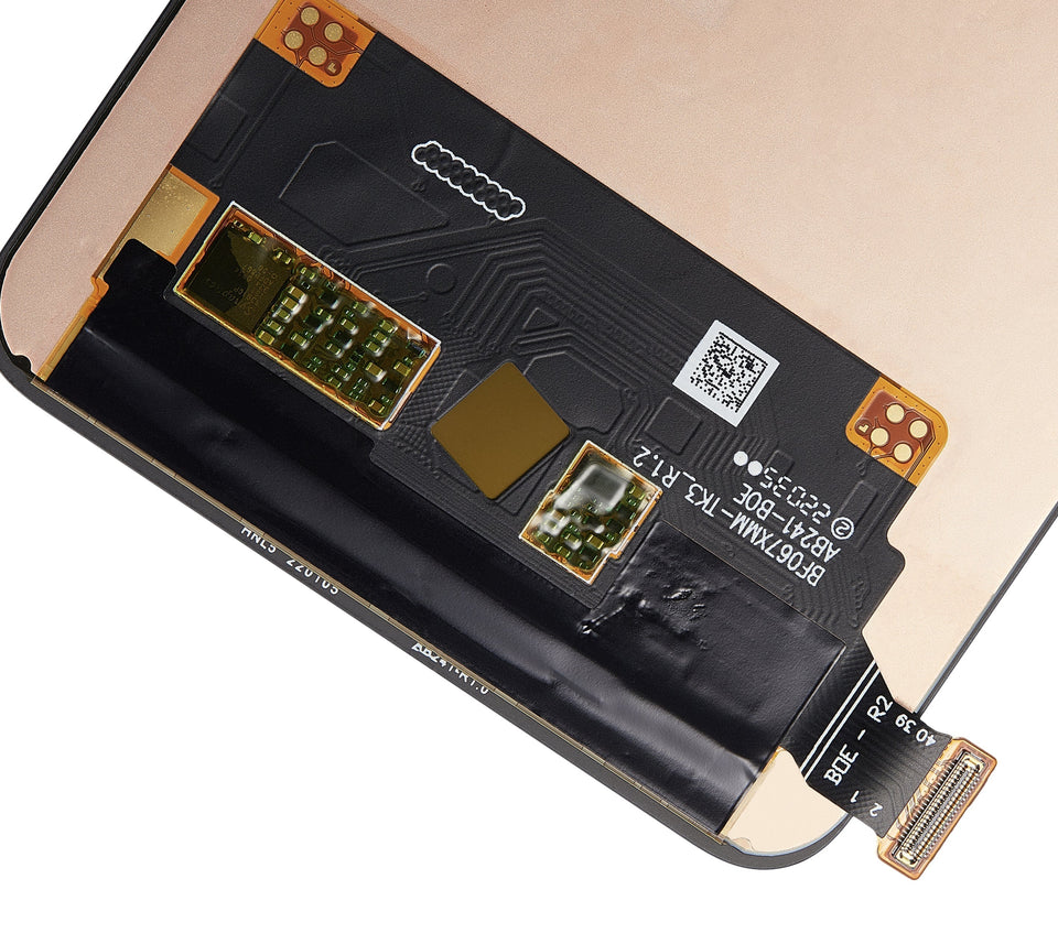 Refurbished OnePlus 10R OLED assembly without frame, displaying colorful screen with no frame visible, for replacement repair.