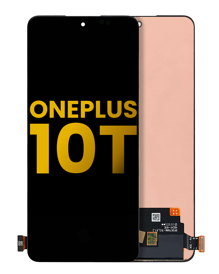 Refurbished replacement OLED assembly without frame for OnePlus 10T in various colors, showing the high-quality screen component.