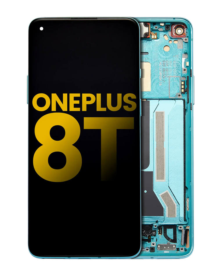 Refurbished aquamarine green OLED assembly with frame for OnePlus 8T smartphone, showing the screen and frame components.