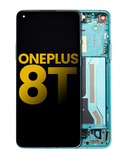 Refurbished aquamarine green OLED assembly with frame for OnePlus 8T smartphone, showing the screen and frame components.
