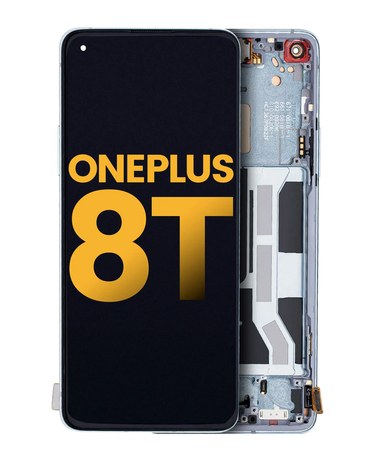 Refurbished lunar silver OLED assembly with frame compatible for OnePlus 8T, featuring a sleek, high-quality display and precise fit.