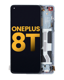 Refurbished lunar silver OLED assembly with frame compatible for OnePlus 8T, featuring a sleek, high-quality display and precise fit.