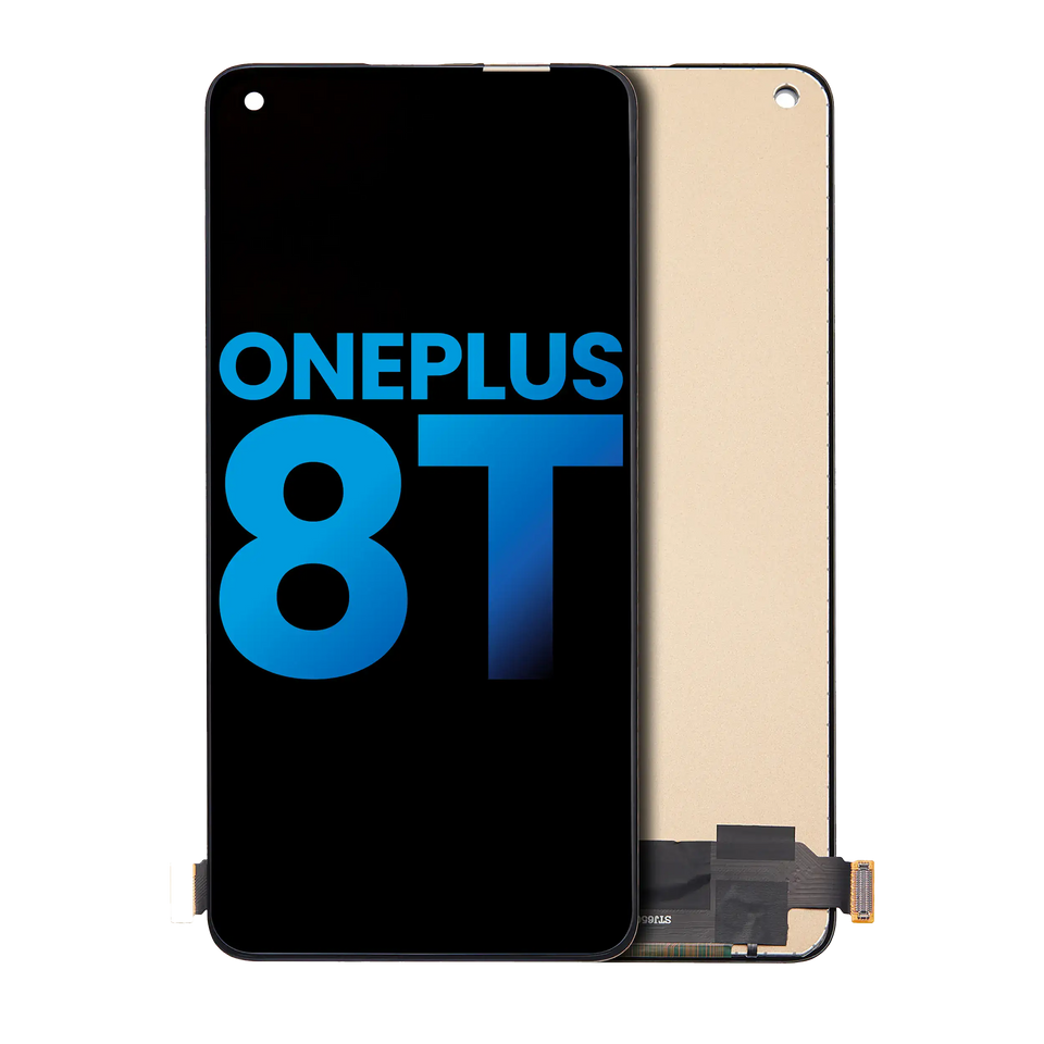 OnePlus 8T OLED assembly without frame, aftermarket Incell replacement screen in various colors, displayed on a smartphone.